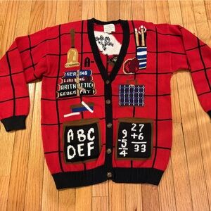 VTG RARE Susan Bristol Red Educational Teacher Cardigan Teachercore Kidcore